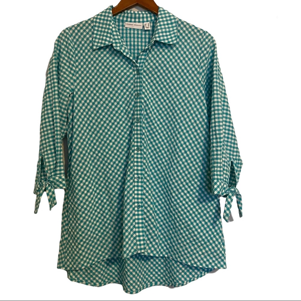 Susan Graver Teal and White Top Size 6